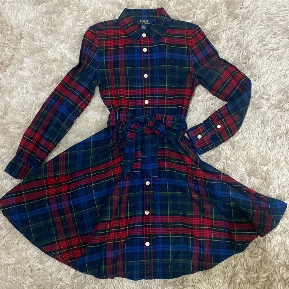 Polo Ralph Lauren girls navy/red plaid flannel shirtdress. Size 6X.